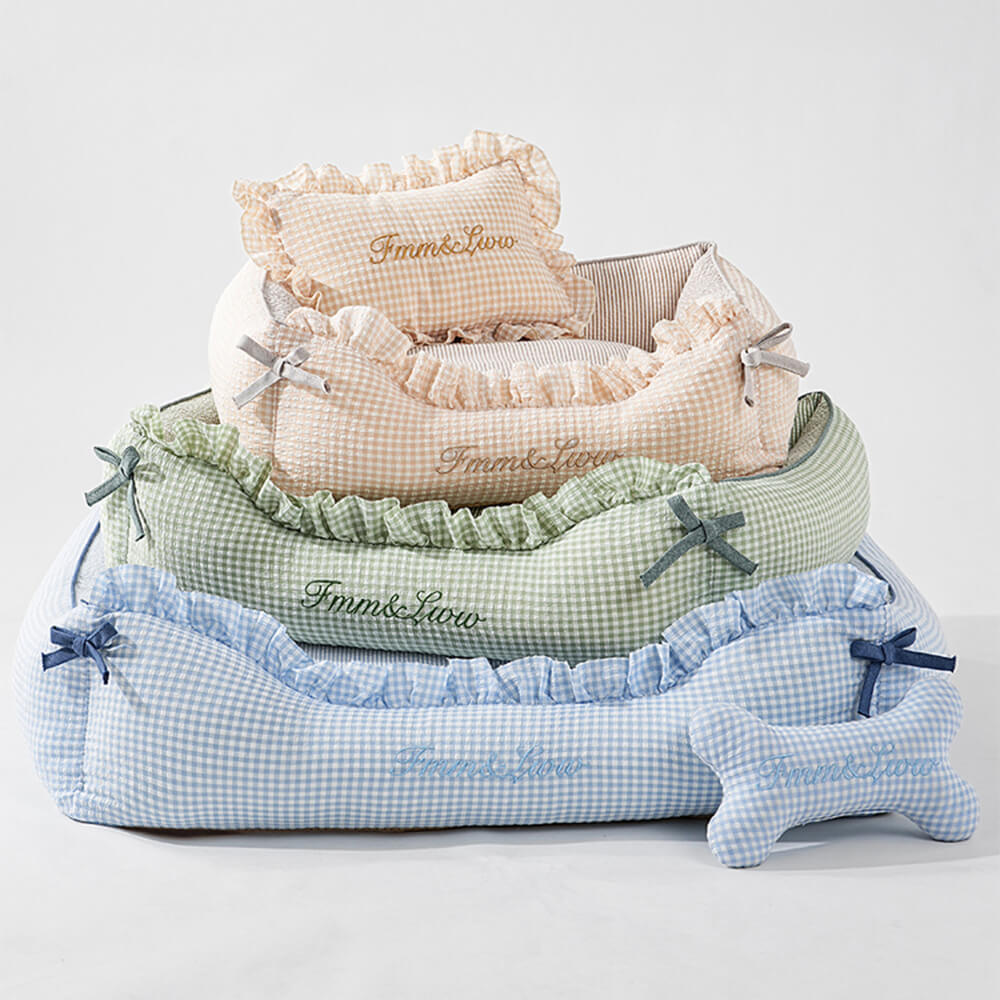 Cama para perros y gatos de tartán suave, lavable, con almohadas