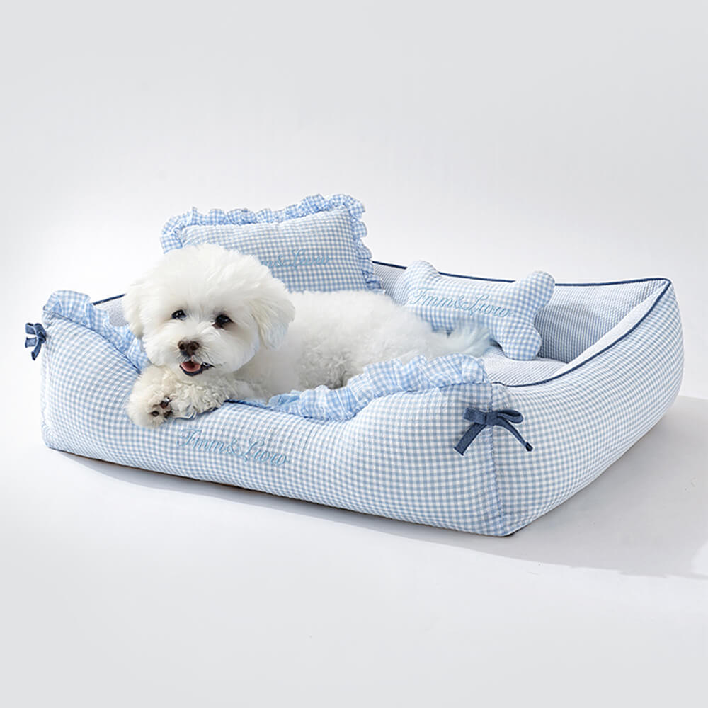 Cama para perros y gatos de tartán suave, lavable, con almohadas