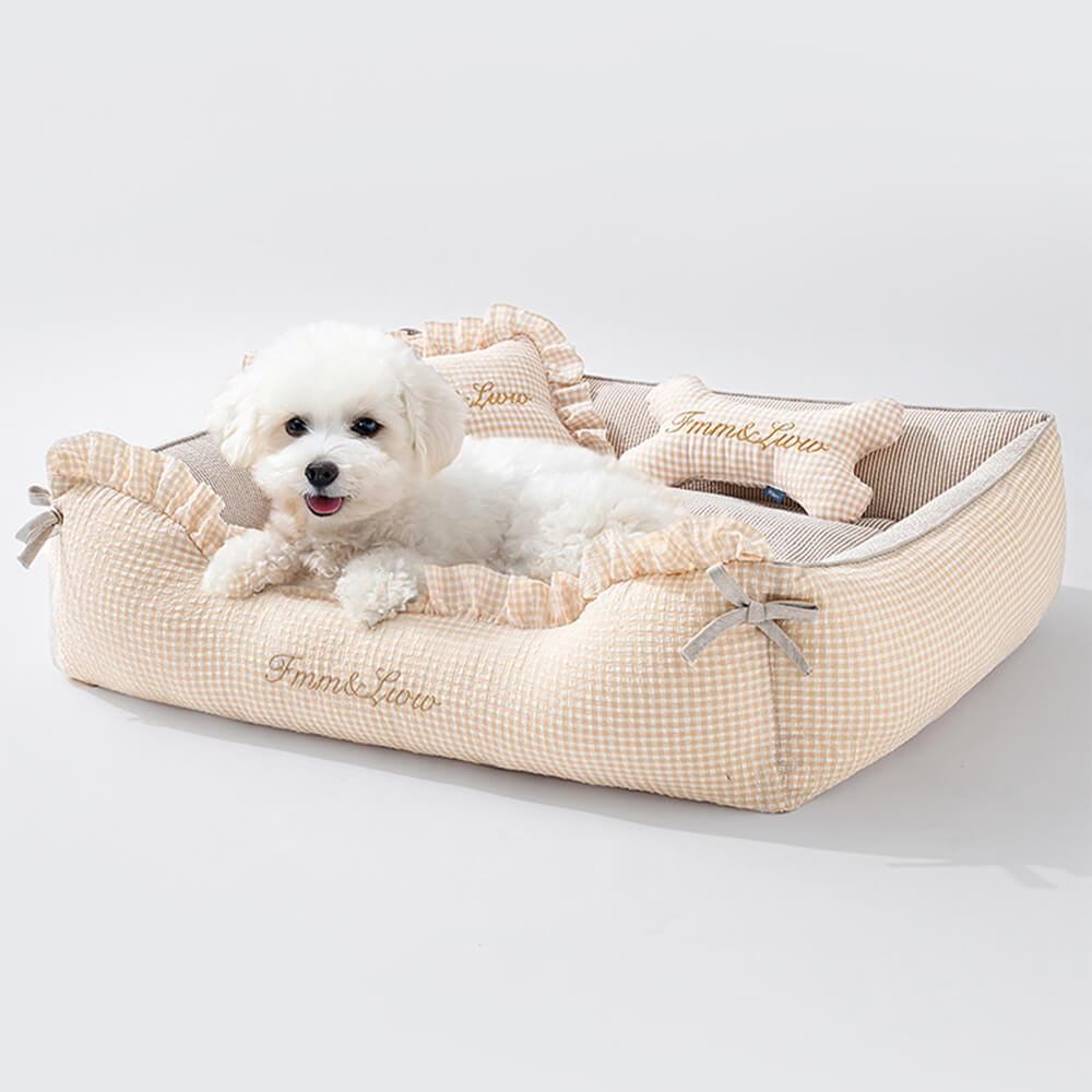 Cama para perros y gatos de tartán suave, lavable, con almohadas
