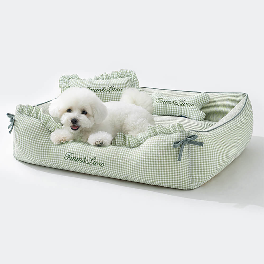 Cama para perros y gatos de tartán suave, lavable, con almohadas