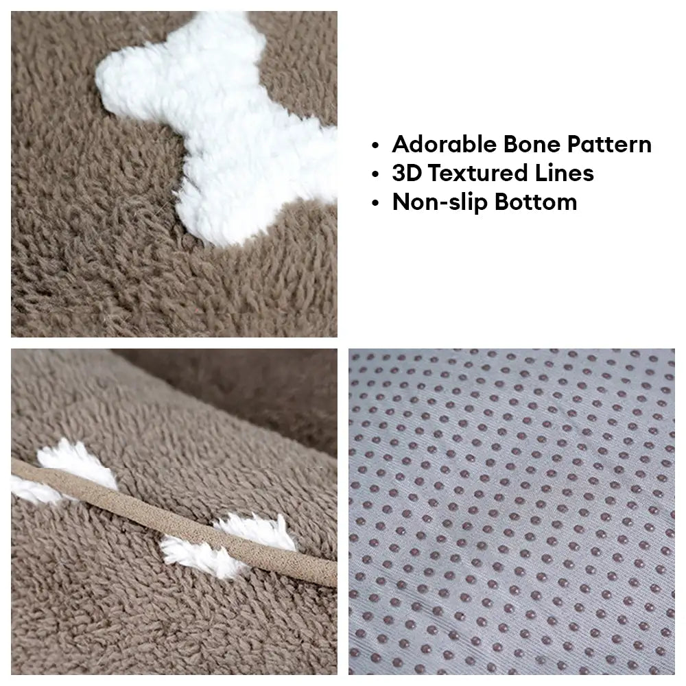 Cama para perros cuadrada de felpa con patrón de hueso y profundidad para dormir