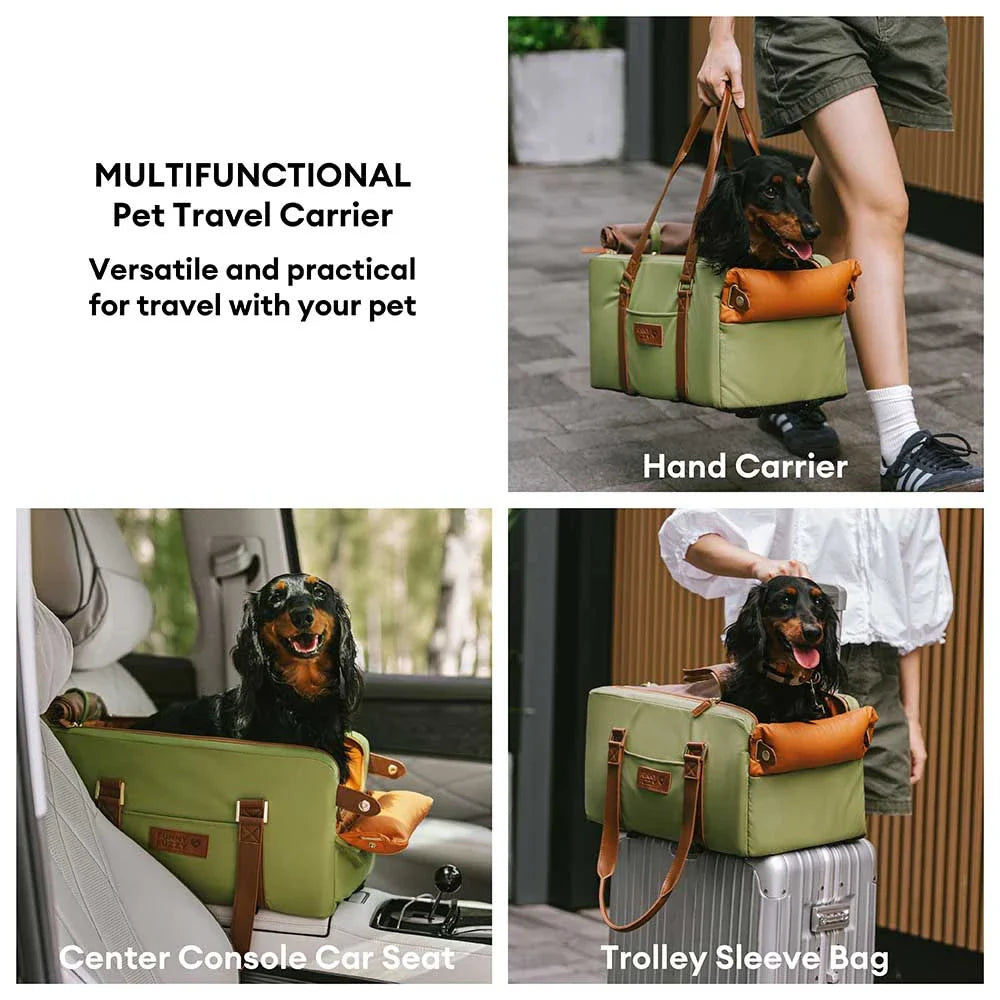 Asiento para mascotas y transportadora de cuero sintético de lujo para el consola de seguridad del automóvil - Urban Voyager