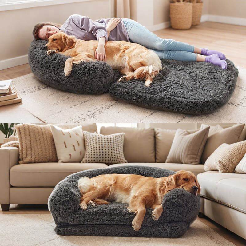 Cama grande y elegante de felpa para perros, cama plegable para perros y humanos