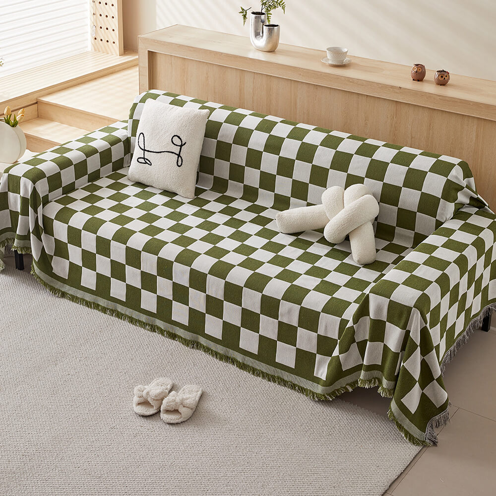<tc>Color</tc> Manta para sofá con ribete de flecos y diseño de cuadros en bloque