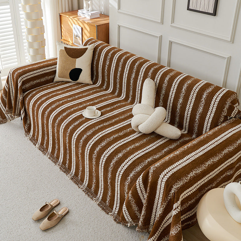 Cubierta de sofá de chenille con flecos de rayas decorativas