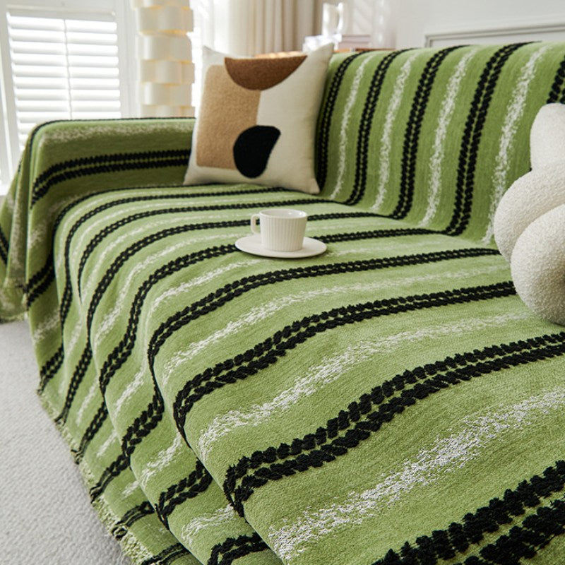Cubierta de sofá de chenille con flecos de rayas decorativas