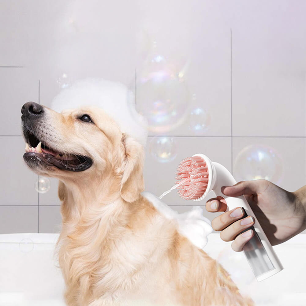 Dispensador de champú 2 en 1 y cepillo de baño para perros con masajeador