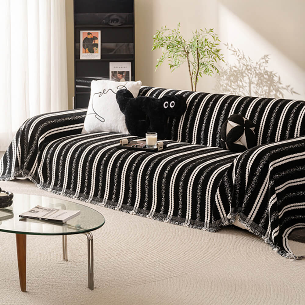 Cubierta de sofá de chenille con flecos de rayas decorativas