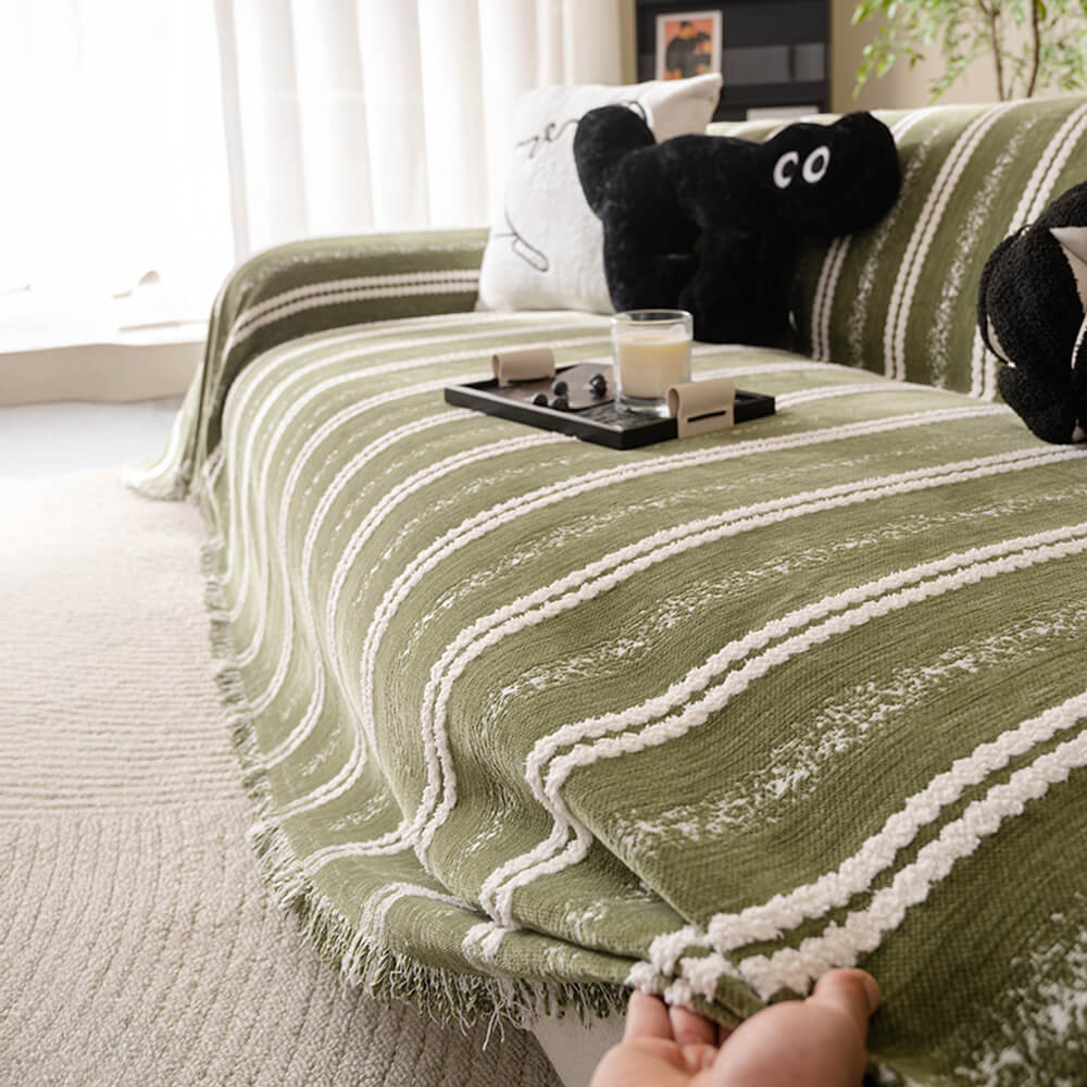 Cubierta de sofá de chenille con flecos de rayas decorativas