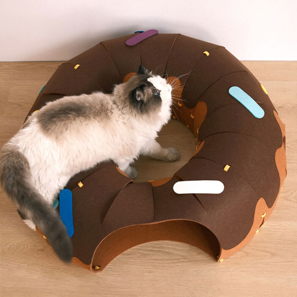Túnel de juego de fieltro en forma de dona para gatos - Divertido y acogedor túnel para gatos