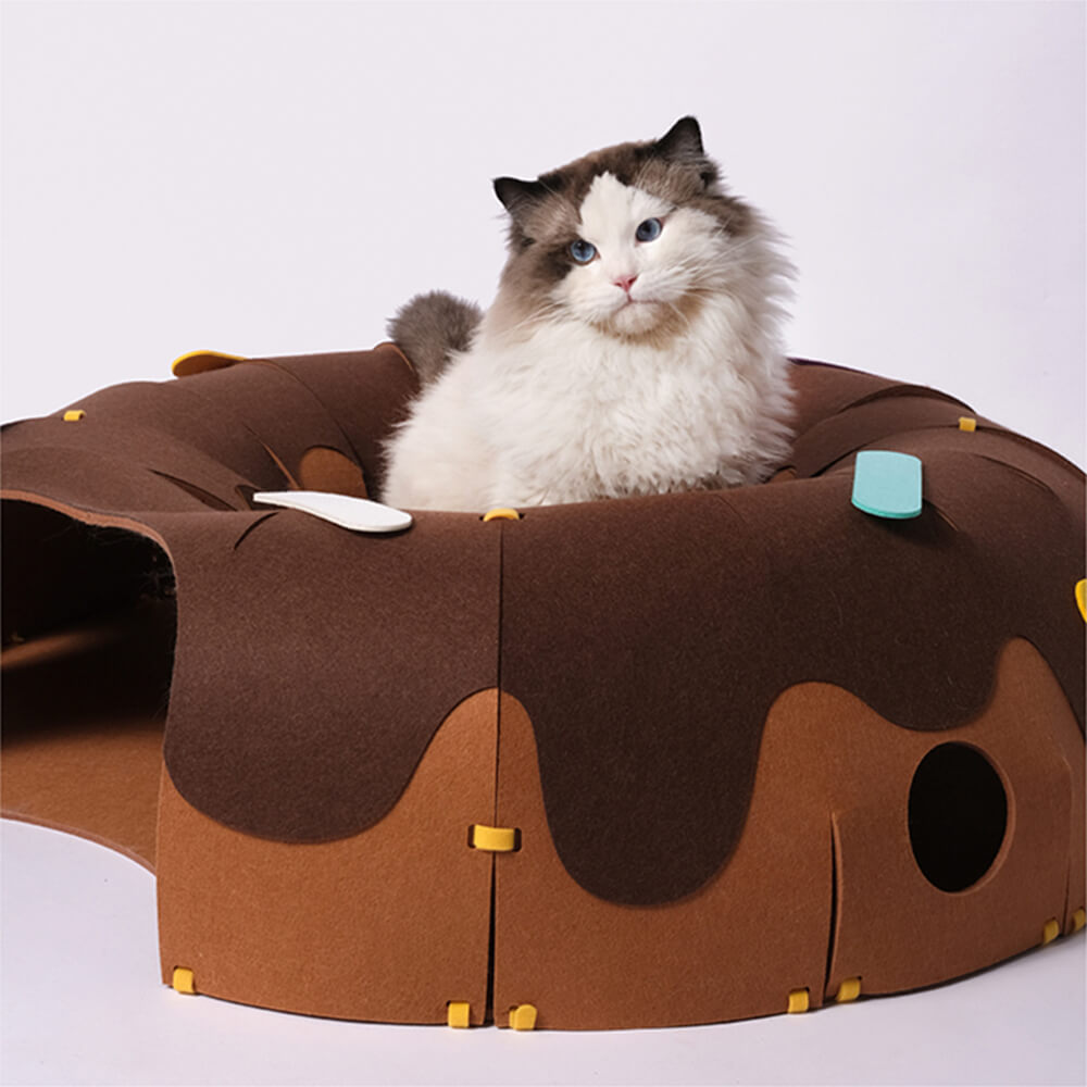 Túnel de juego de fieltro en forma de dona para gatos - Divertido y acogedor túnel para gatos