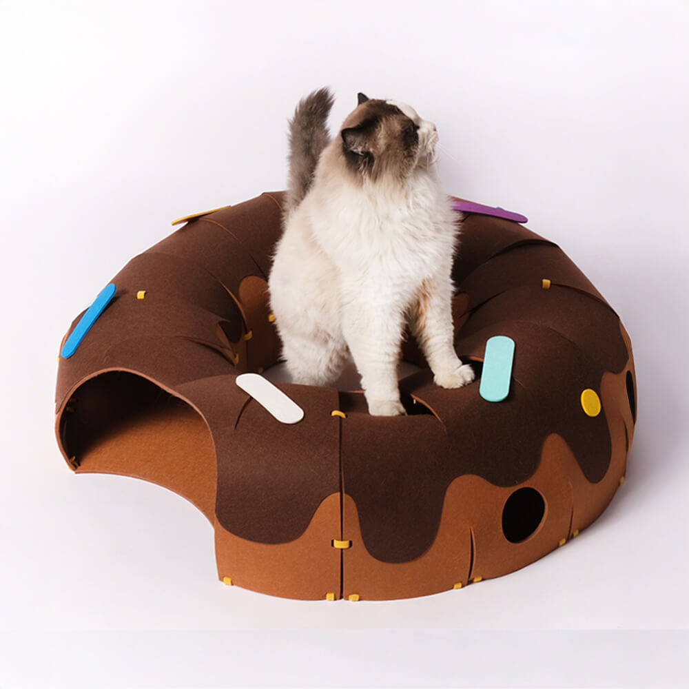 Túnel de juego de fieltro en forma de dona para gatos - Divertido y acogedor túnel para gatos