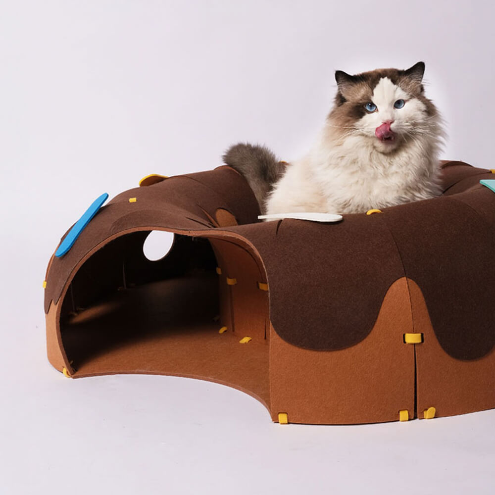 Túnel de juego de fieltro en forma de dona para gatos - Divertido y acogedor túnel para gatos