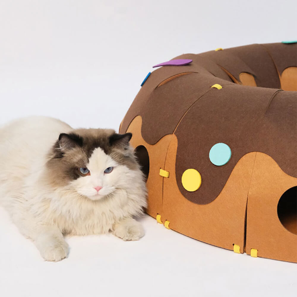Túnel de juego de fieltro en forma de dona para gatos - Divertido y acogedor túnel para gatos