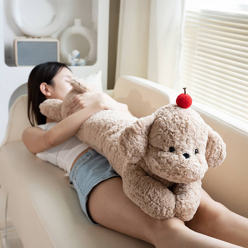 Cojín largo y acogedor para sofá con forma de perro de peluche y cereza