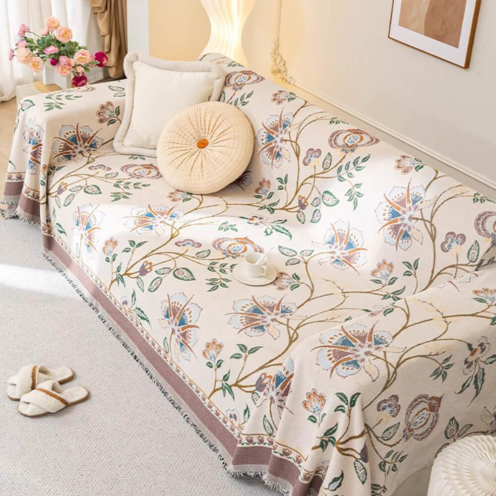 Funda de sofá de jacquard de chenilla floral botánico vintage