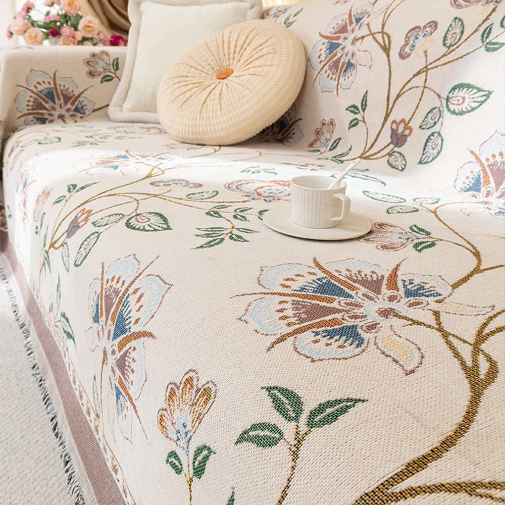 Funda de sofá de jacquard de chenilla floral botánico vintage