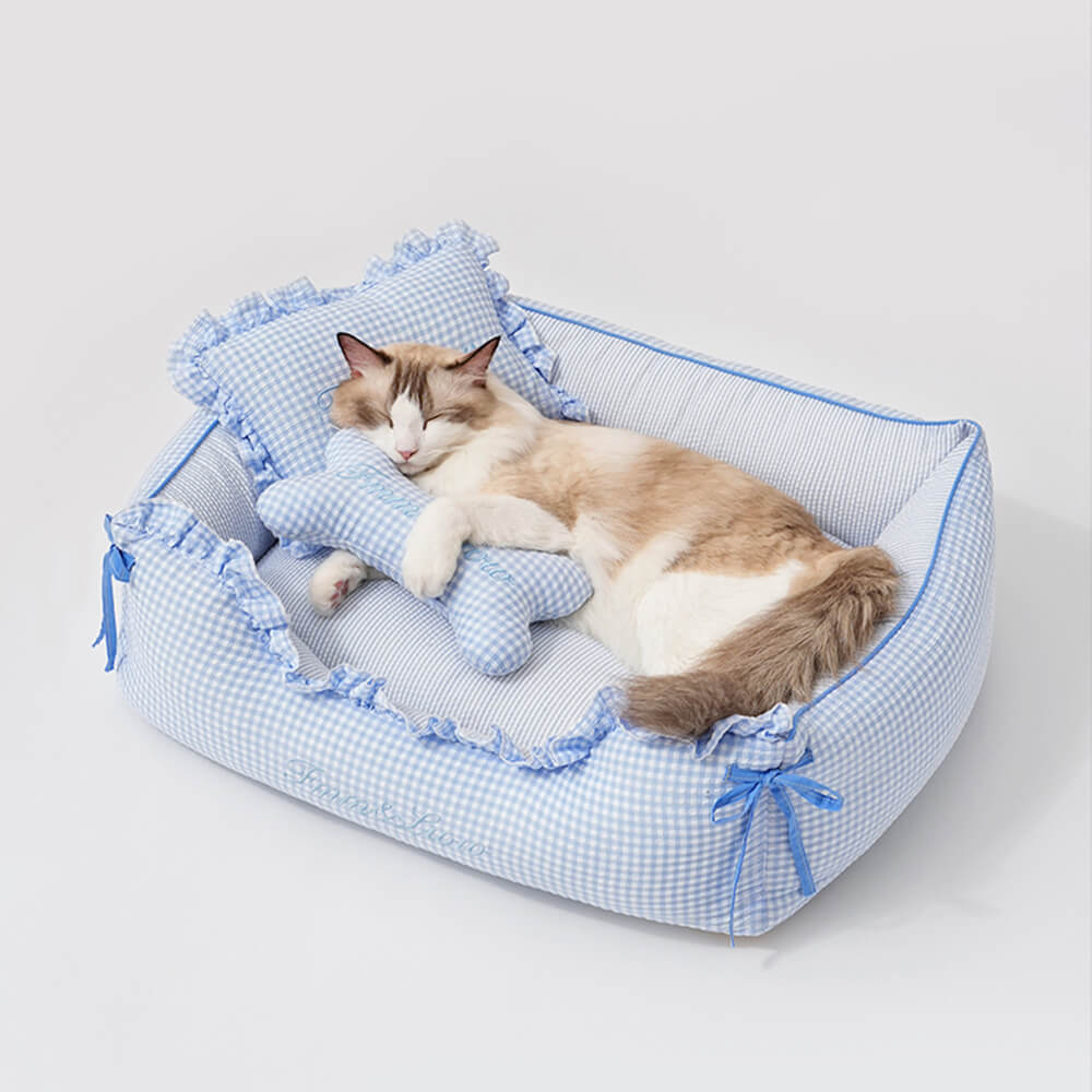 Cama para perros y gatos de tartán suave, lavable, con almohadas