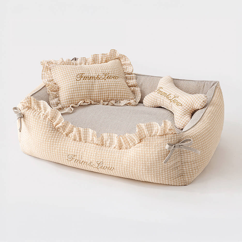 Cama para perros y gatos de tartán suave, lavable, con almohadas