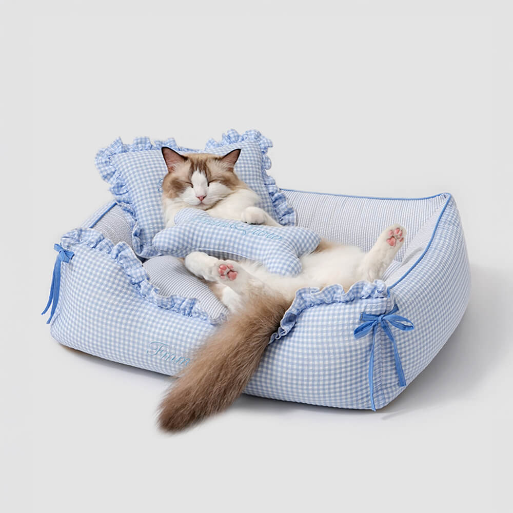 Cama para perros y gatos de tartán suave, lavable, con almohadas