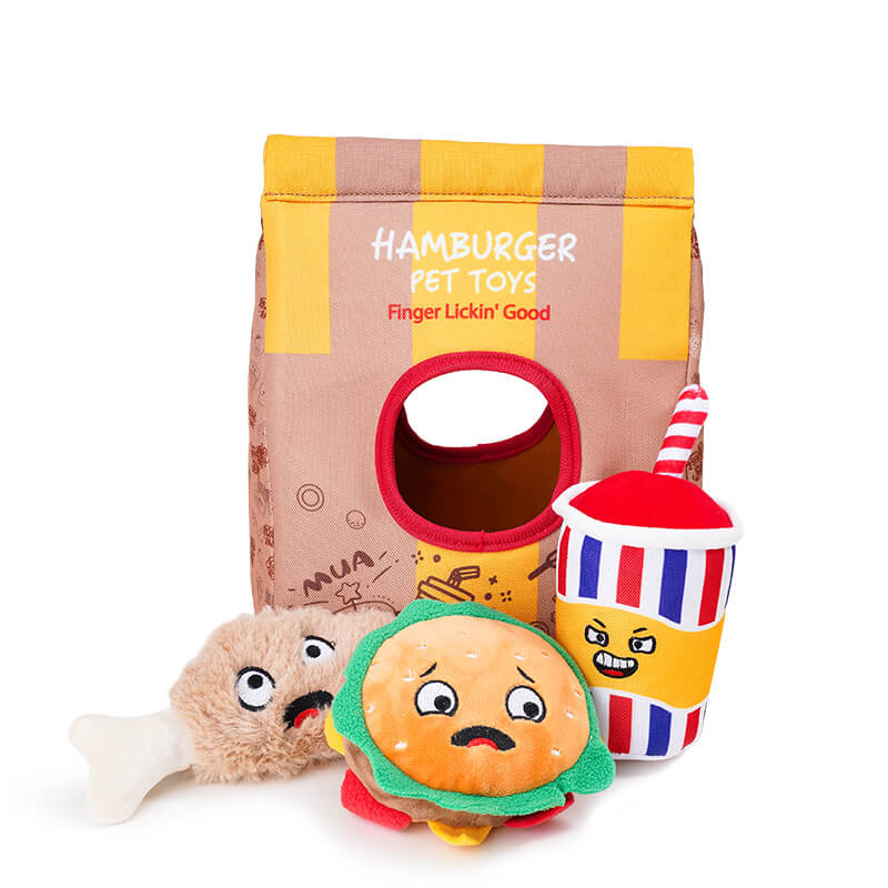 Divertidos papas fritas hamburguesa para perros cheque de masticación