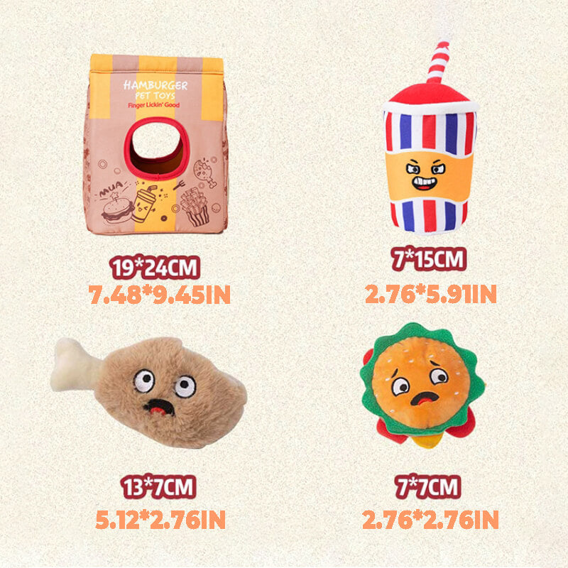 Divertidos papas fritas hamburguesa para perros cheque de masticación
