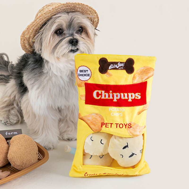 Divertidos papas fritas hamburguesa para perros cheque de masticación