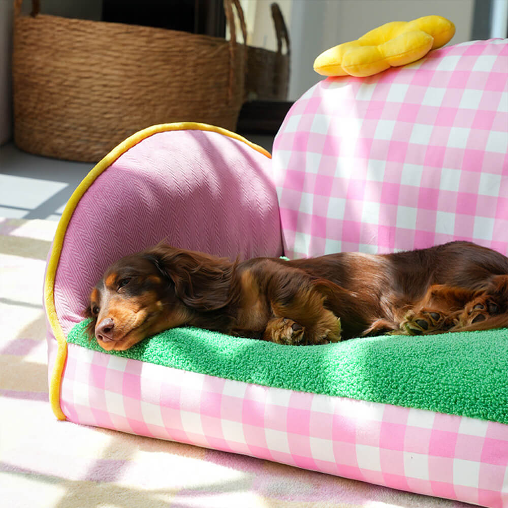 Cama Sofá Lavable para Perros y Gatos con Diseño de Cuadrícula Rosa Encantadora