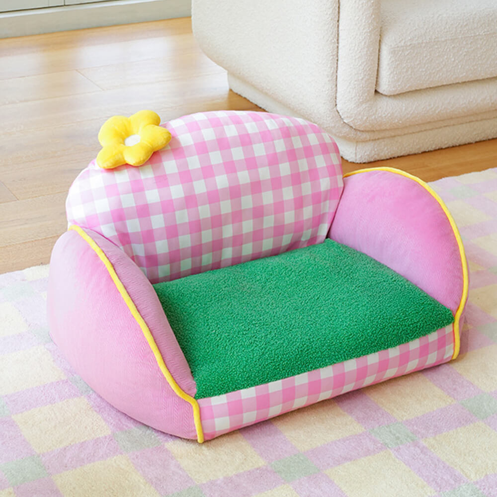 Cama Sofá Lavable para Perros y Gatos con Diseño de Cuadrícula Rosa Encantadora