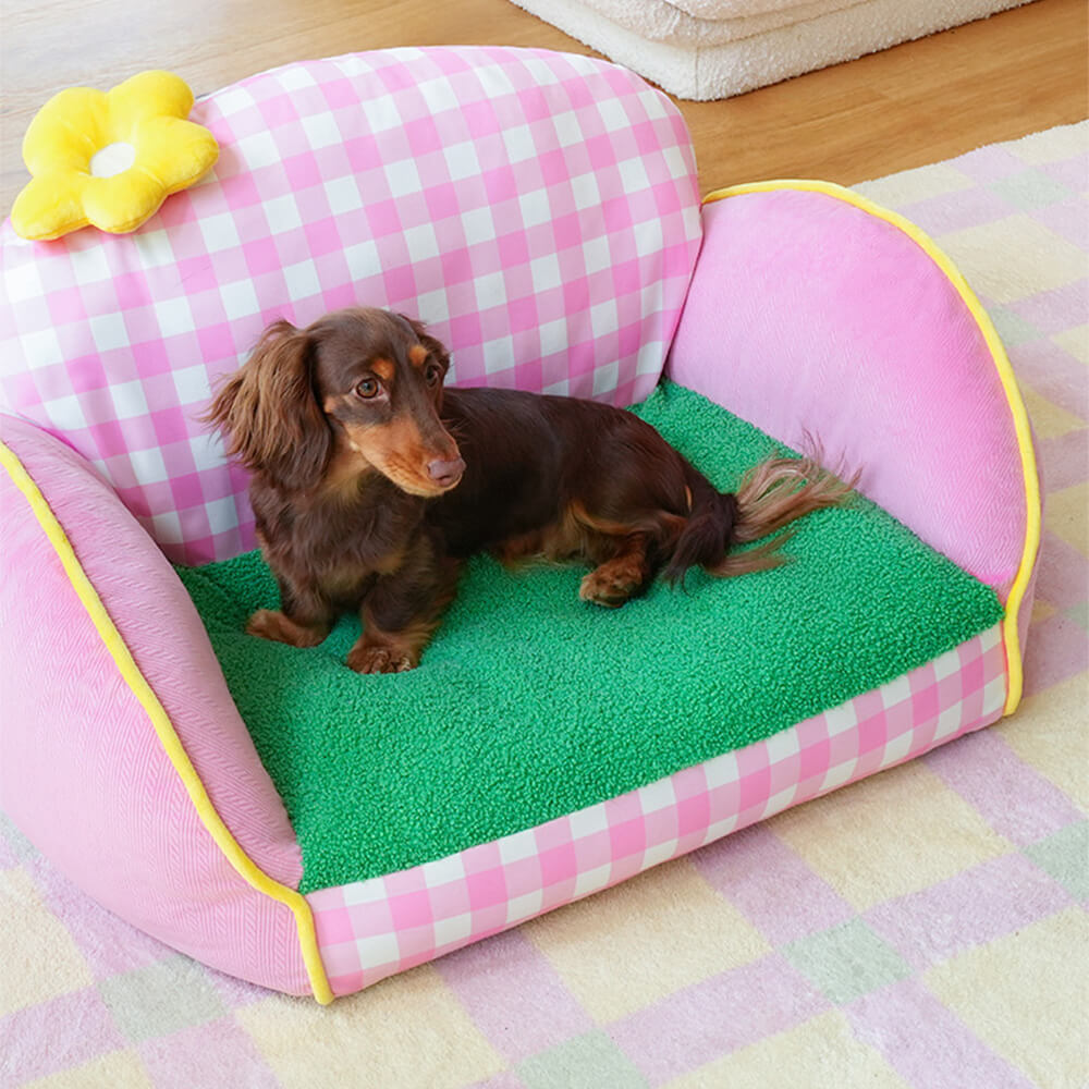 Cama Sofá Lavable para Perros y Gatos con Diseño de Cuadrícula Rosa Encantadora