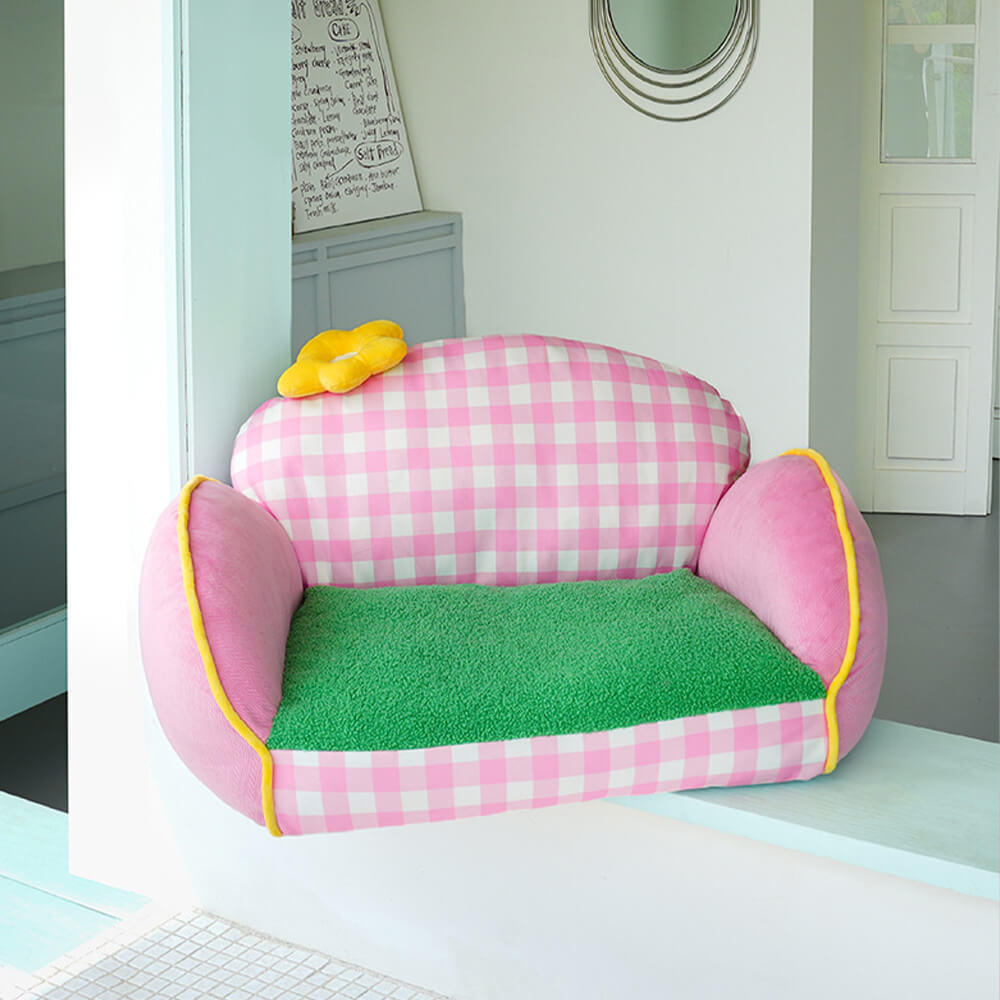 Cama Sofá Lavable para Perros y Gatos con Diseño de Cuadrícula Rosa Encantadora