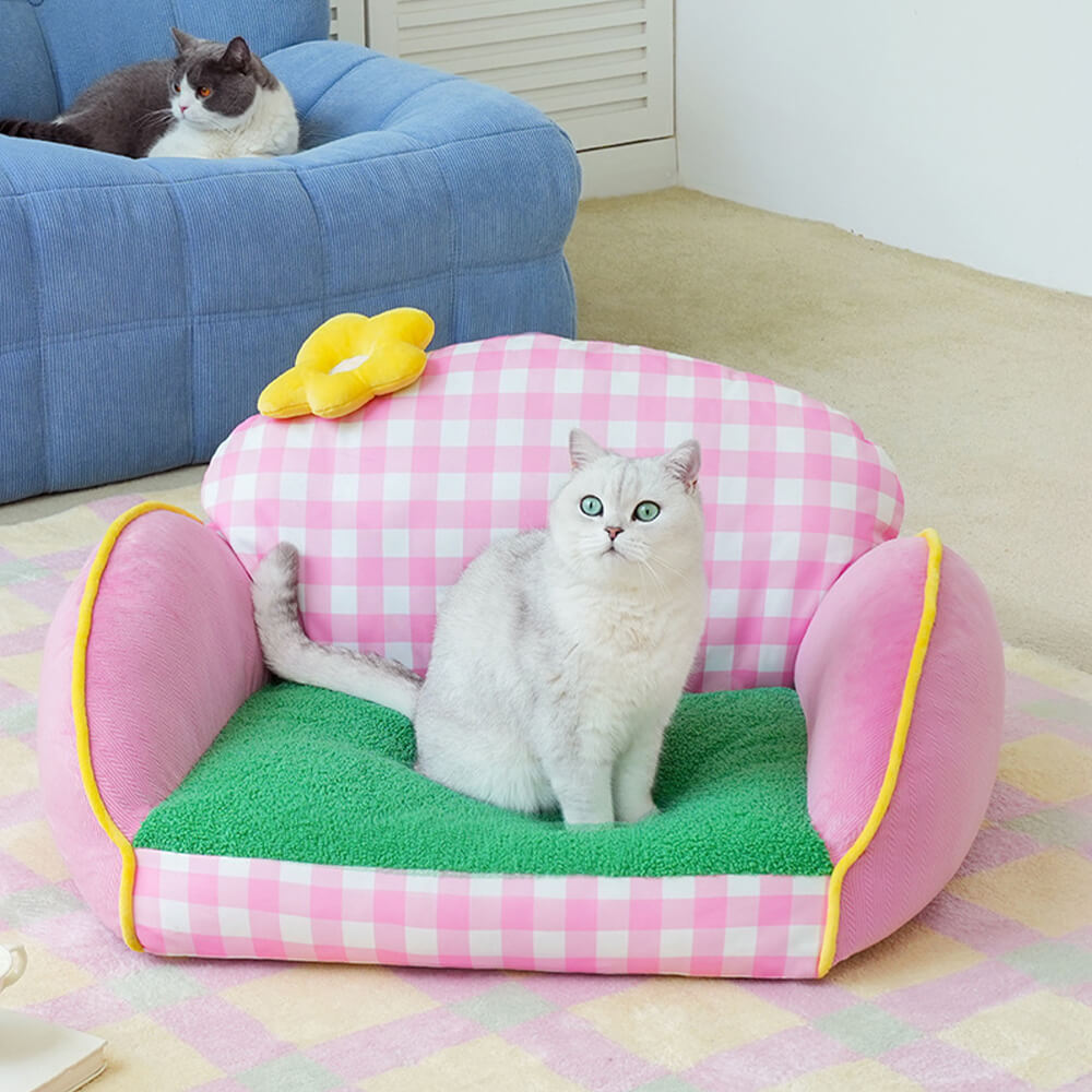 Cama Sofá Lavable para Perros y Gatos con Diseño de Cuadrícula Rosa Encantadora