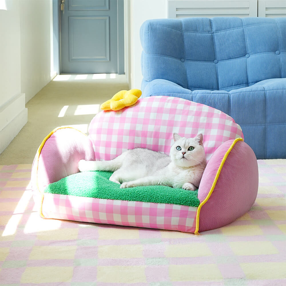 Cama Sofá Lavable para Perros y Gatos con Diseño de Cuadrícula Rosa Encantadora