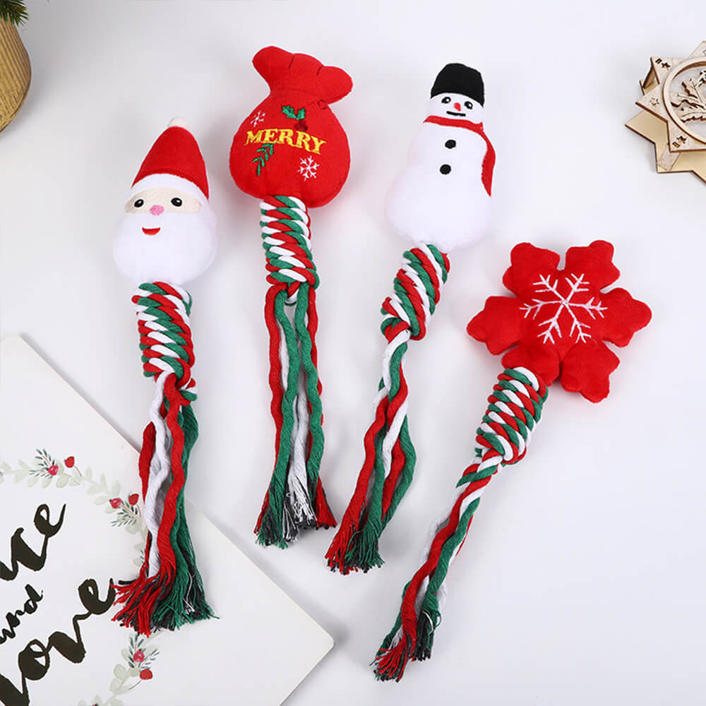 Jouet interactif de chien en peluche de nettoyage de dents de corde de coton de lin de Noël