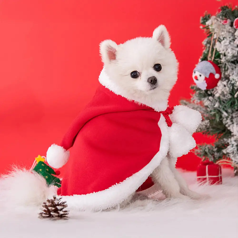 Christmas Santa Pet Cloak Warm Plush Dog Cape with Hat
