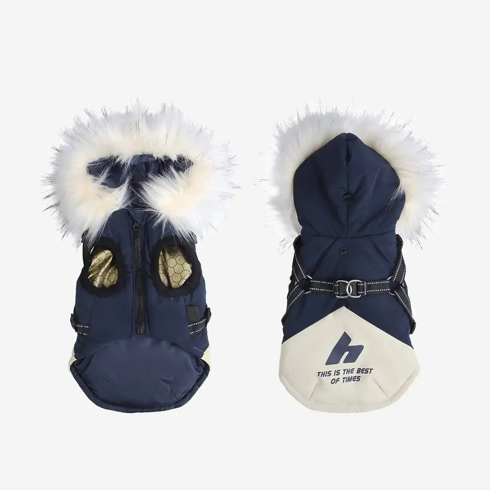 Fur-Trim Hooded Warm Dog Coat with Leash Buckle