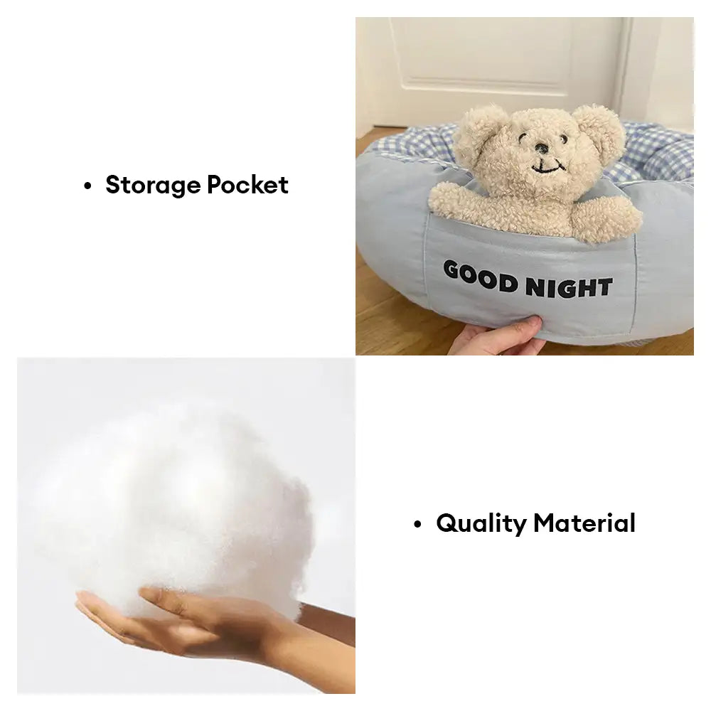 Buenas noches Cama para perros de sueño profundo y calmante con juguete de oso