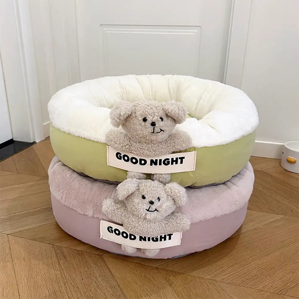 Buenas noches Cama para perros de sueño profundo y calmante con juguete de oso