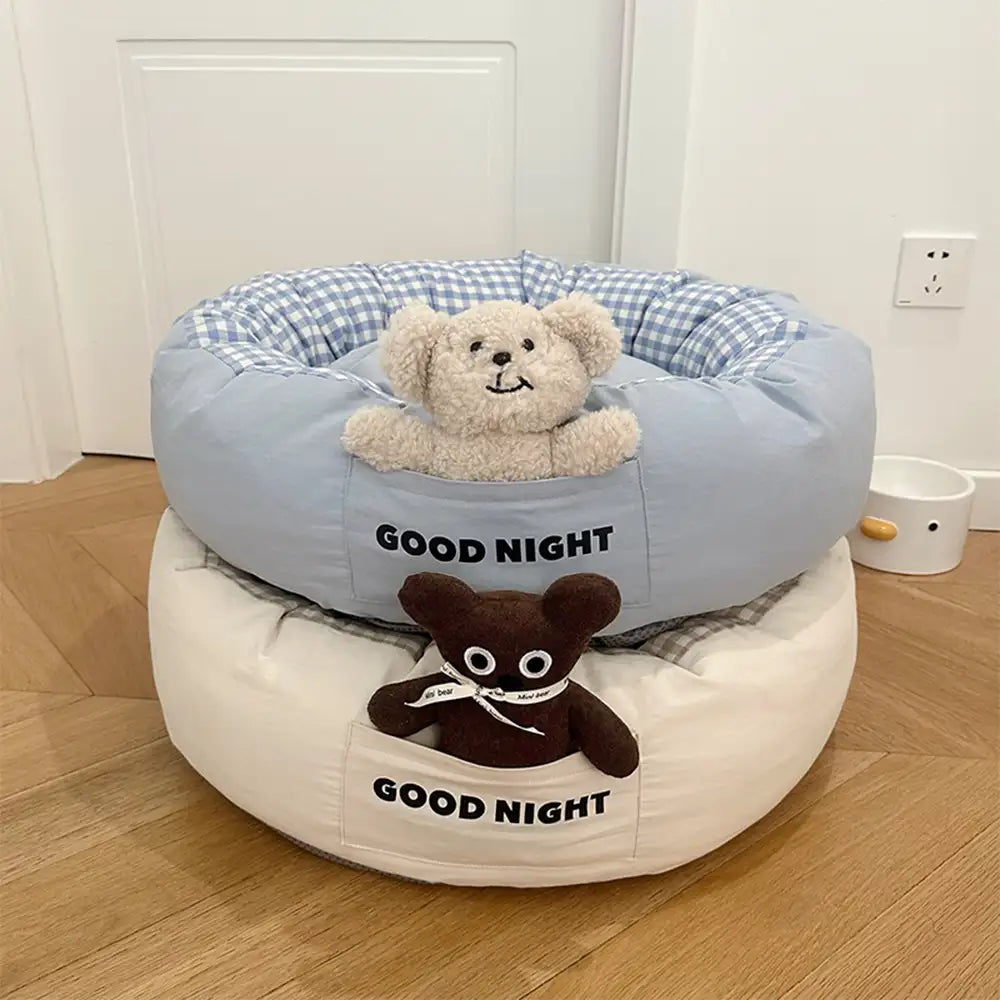 Buenas noches Cama para perros de sueño profundo y calmante con juguete de oso