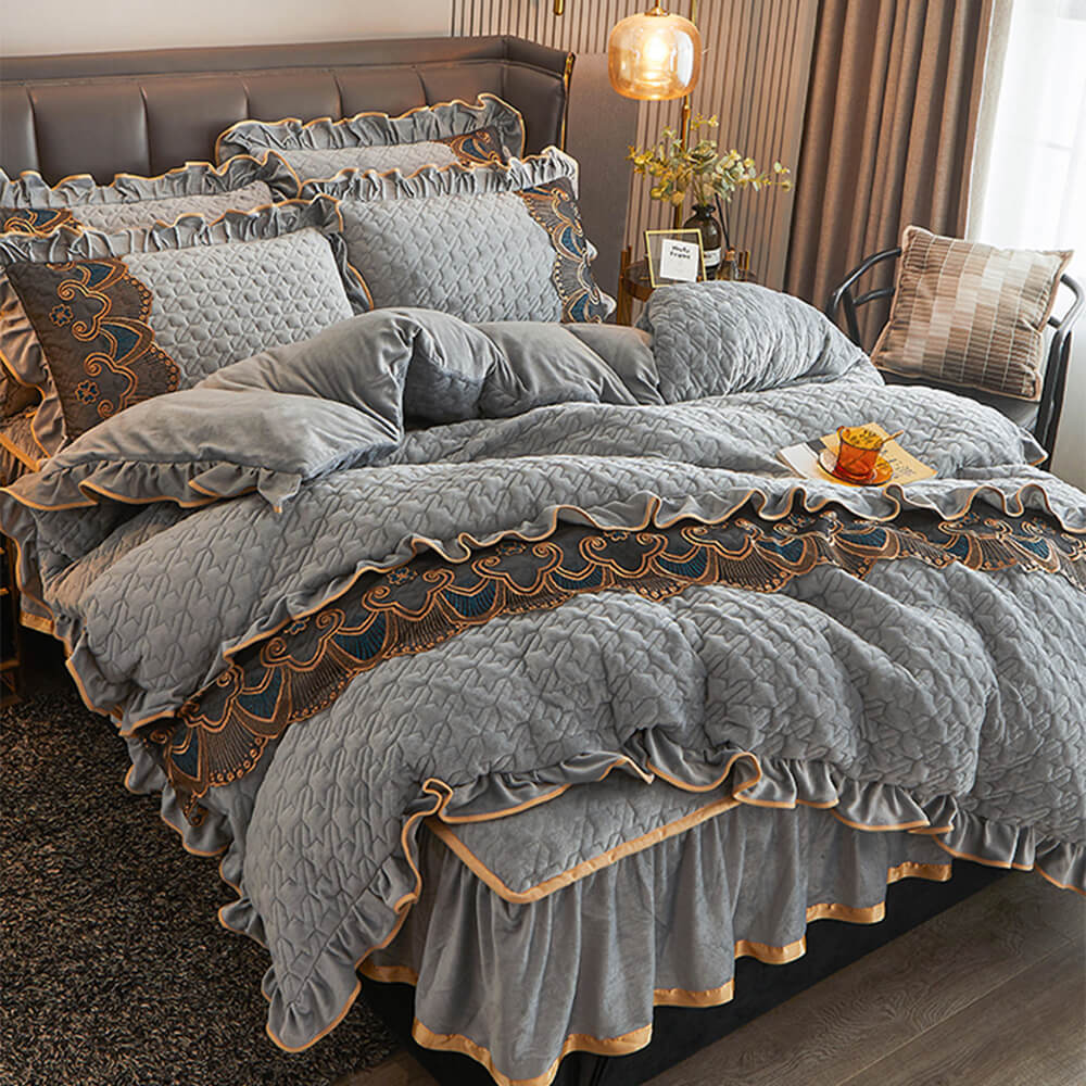 Luxurious Crystal Velvet Borded Borded Bylip Sede Waret Russ con falda de cama