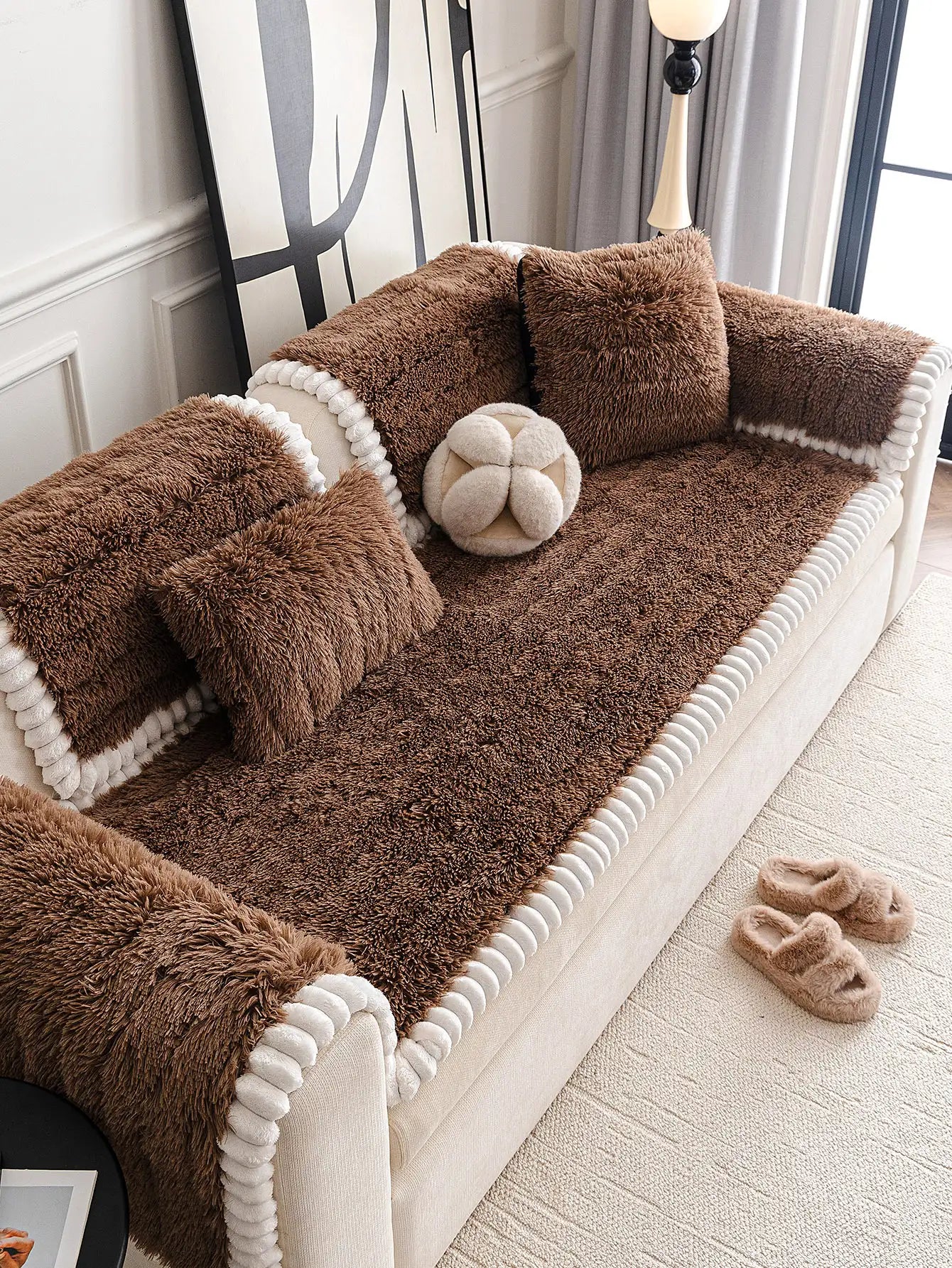 Luxury Fluffy Fluffy Plush engrosado cómodo cubierta de sofá sin deslizamiento