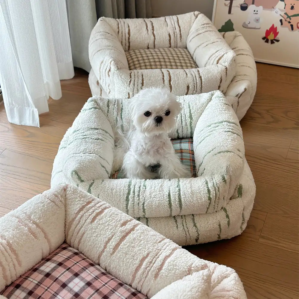 Cama de perro calmante calma de pelaje a cuadros modernos