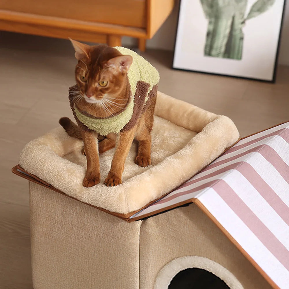 Casa para gatos multifuncional y plegable con cojín para dormir y jugar