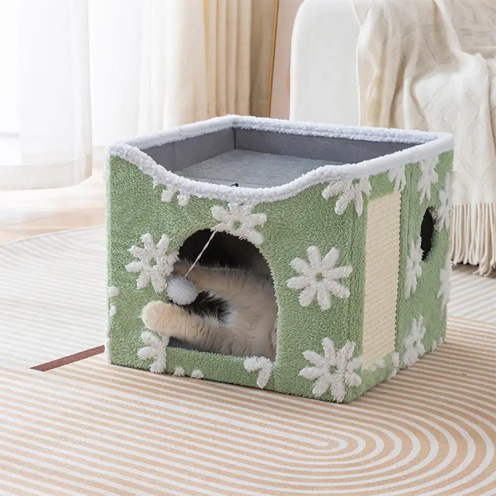 Casa para gatos de felpa suave, plegable y de doble nivel con tablero rascador