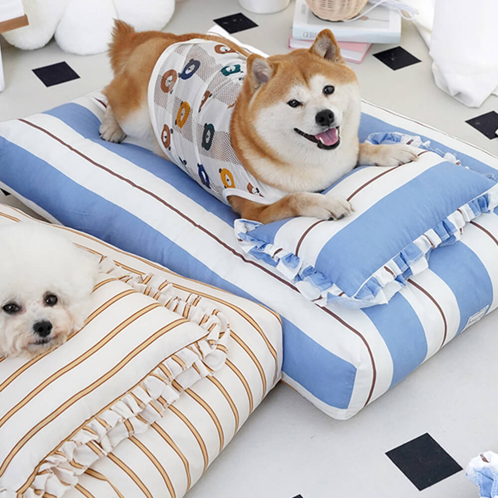 Cama para perros de algodón a rayas, gruesa, acolchada y suave