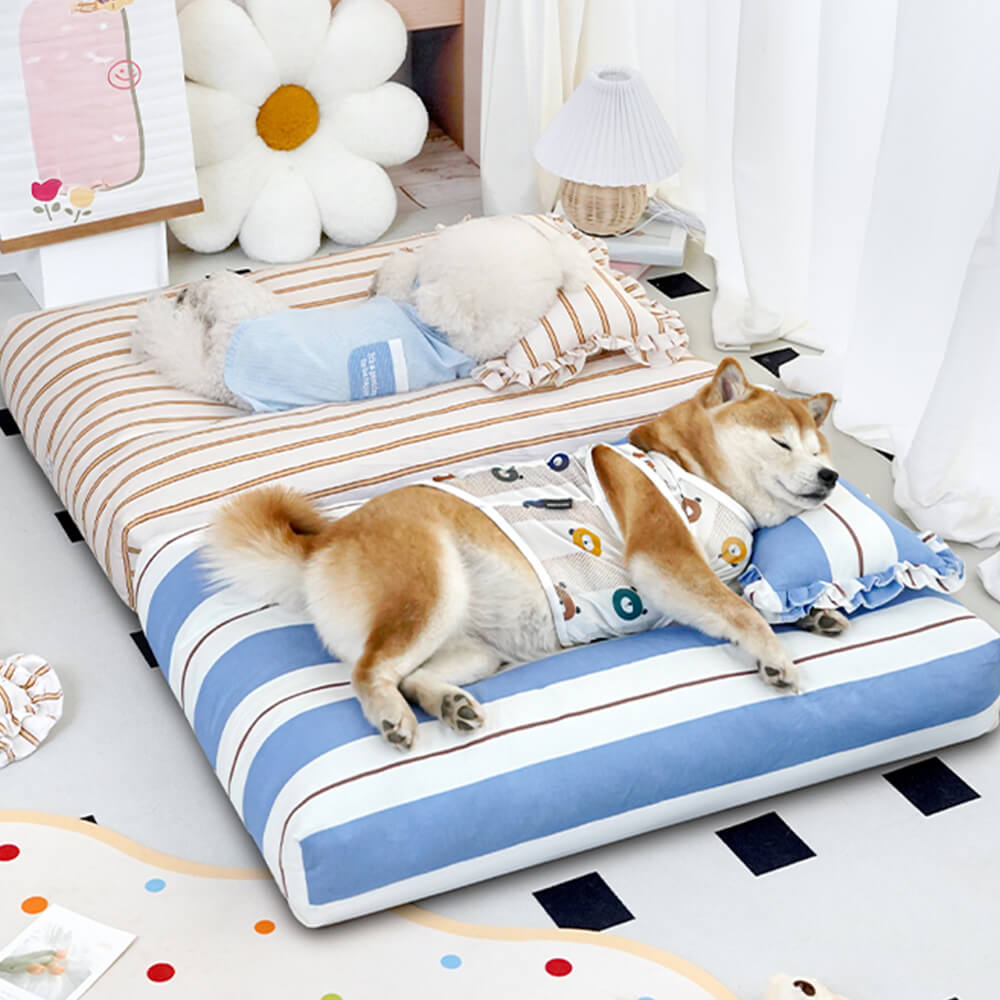 Cama para perros de algodón a rayas, gruesa, acolchada y suave