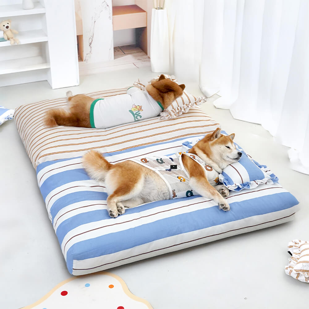 Cama para perros de algodón a rayas, gruesa, acolchada y suave