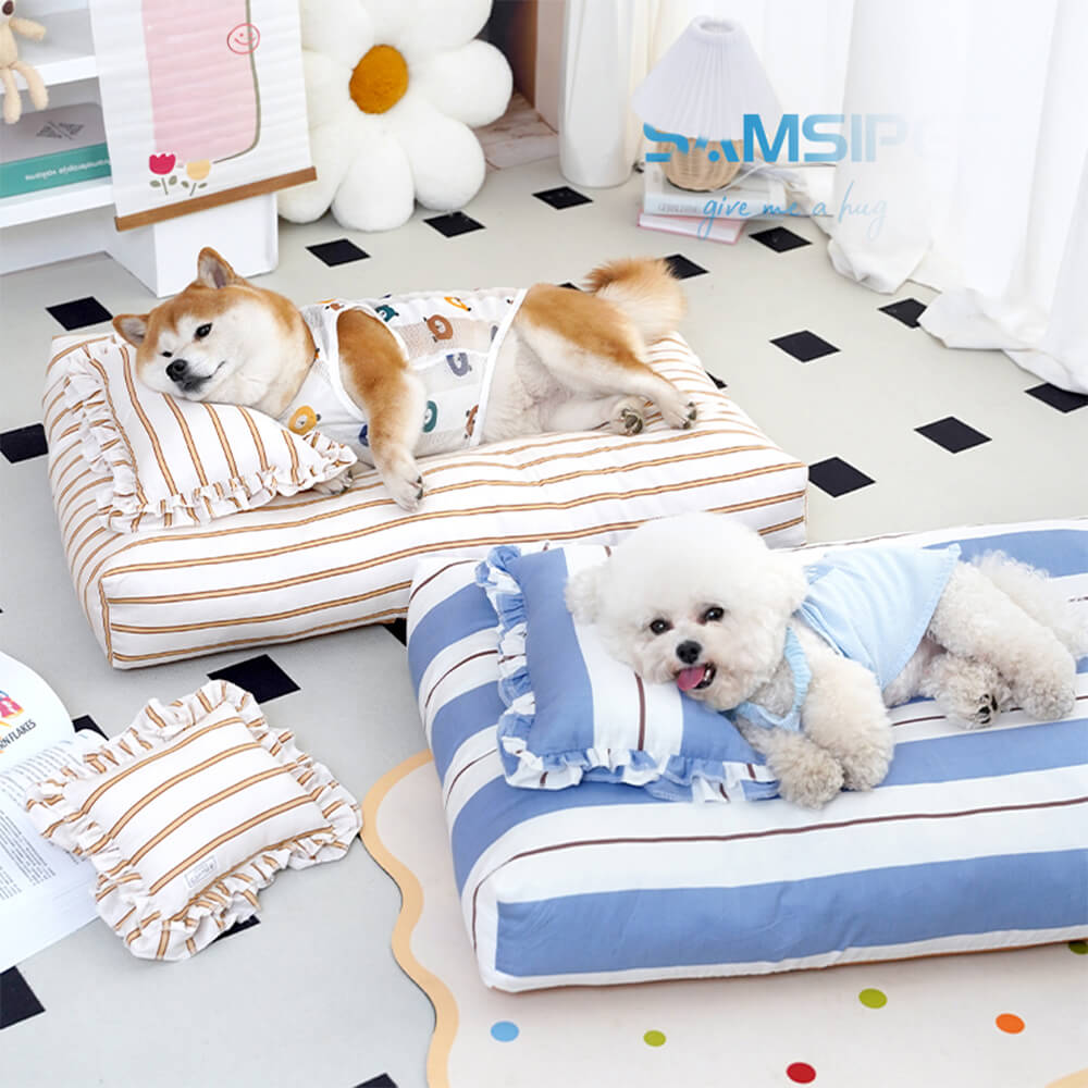 Cama para perros de algodón a rayas, gruesa, acolchada y suave