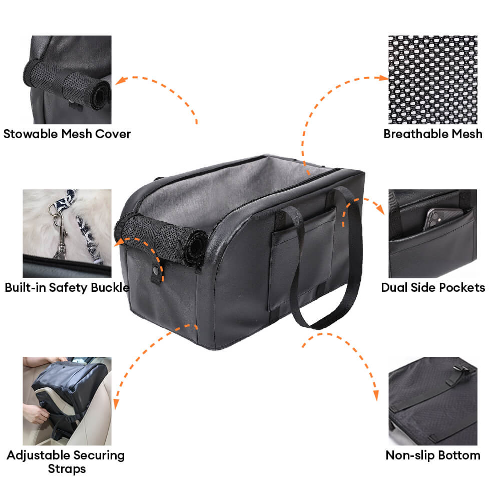Asiento de coche para perros pequeño desmontable y elevado con consola central para viajes seguros