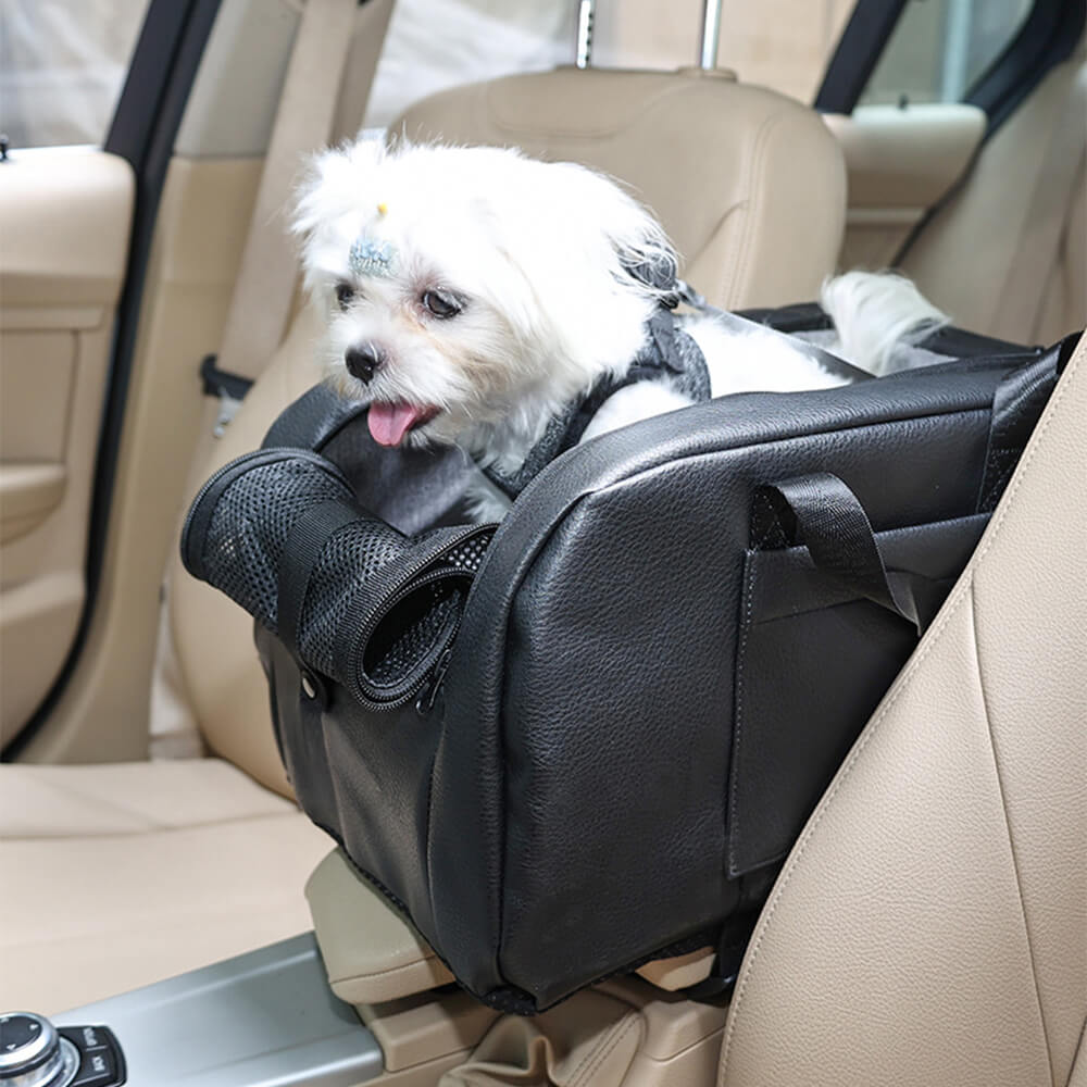 Asiento de coche para perros pequeño desmontable y elevado con consola central para viajes seguros